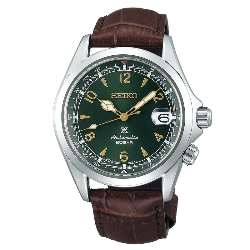 Reloj Seiko Prospex Tierra Alpinist con esfera verde, brújula y correa piel marrón, SPB121J1.