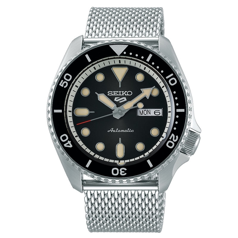 Reloj Seiko 5 Sports Suits Style automático con esfera negra y malla, SRPD73K1.