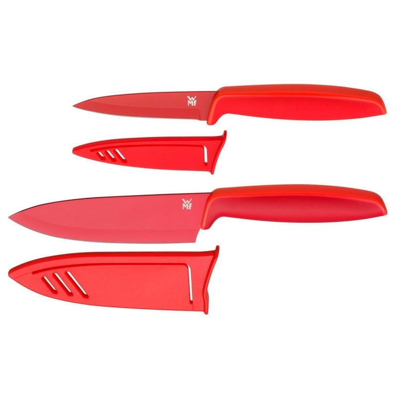 Juego 2 cuchillos de cocina en acero negro, y fundas protectoras WMF Touch, 1879085100.