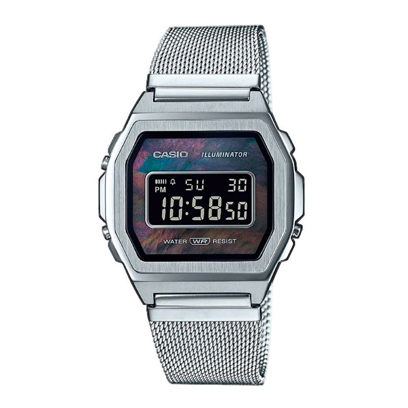 Reloj Casio Vintage de mujer digital con esfera de nácar negro y malla, A1000M-1BEF.