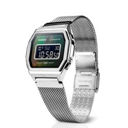 Reloj Casio Vintage de mujer digital con esfera de nácar negro y malla, A1000M-1BEF.