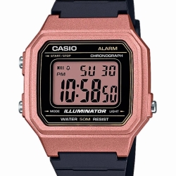Reloj Casio digital con caja rosada y correa de silicona negra, W-217HM-5AVEF.