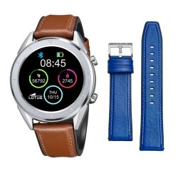 Reloj inteligente Lotus Smartime de hombre plateado, correa piel marrón y correa extra azul, 50008/1.