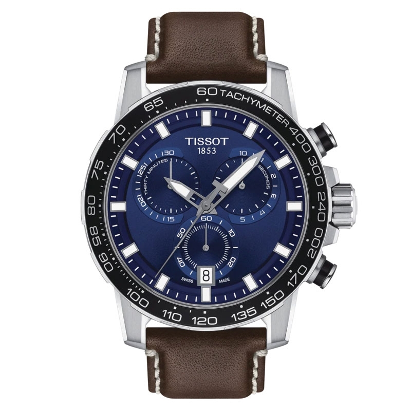 Reloj Tissot SuperSport Chrono de hombre esfera azul y correa marrón, T1256171604100.
