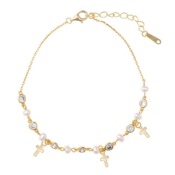 Pulsera de plata dorada con perlas, circonitas y cruces, 164P0034.