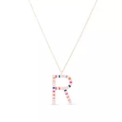 Colgante de letra R en plata rosada con circonitas multicolor, de Luxenter, NQ071R20R.