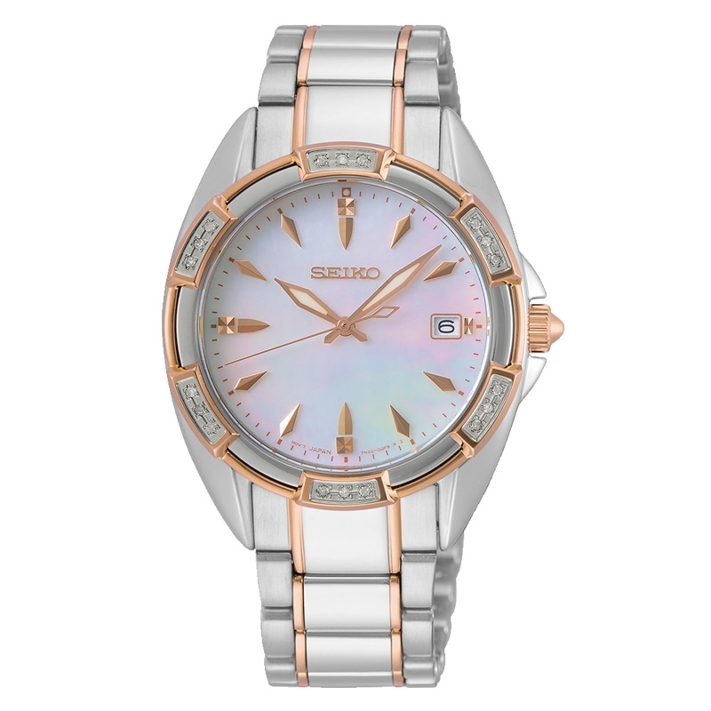Reloj Seiko para mujer bicolor con nácar y Swarovski® en bisel, SKK878P1.
