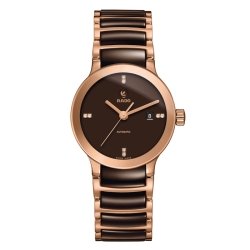Reloj Rado Centrix para mujer de acero dorado y cerámica marrón con diamantes R30183722.