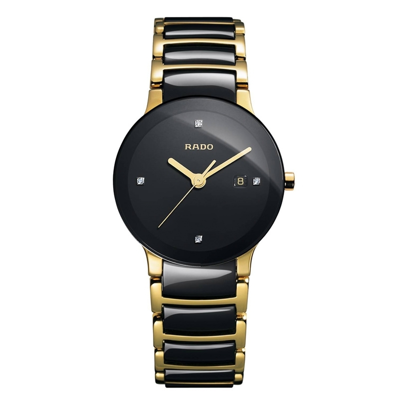 Reloj Rado Centrix de mujer en acero dorado y cerámica negro, con diamantes en esfera R30930712.