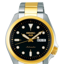 Reloj Seiko 5 Sports automático bicolor dorado en oro amarillo, con esfera negra, SRPE60K1.