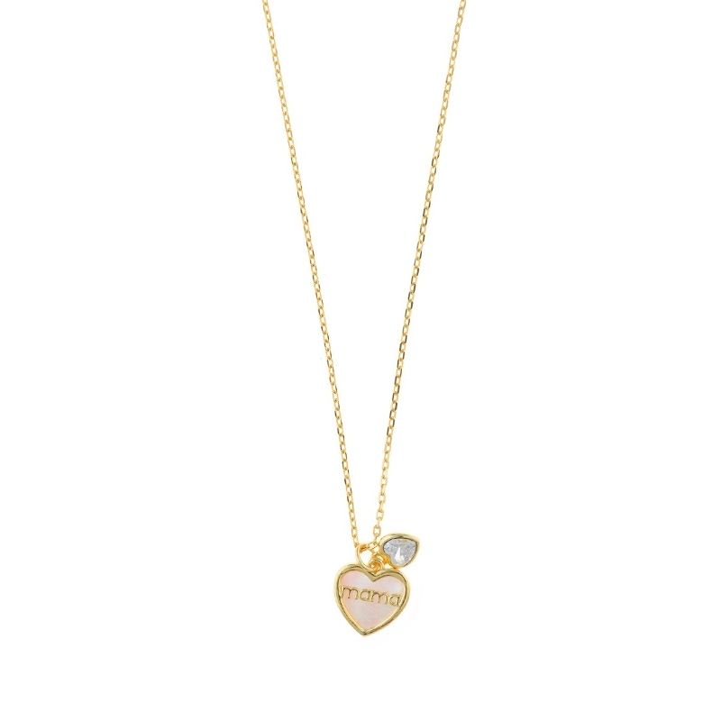 Colgantes en forma de corazón en plata dorada con nácar y Mama, cadena incluida, de Salvatore Plata.
