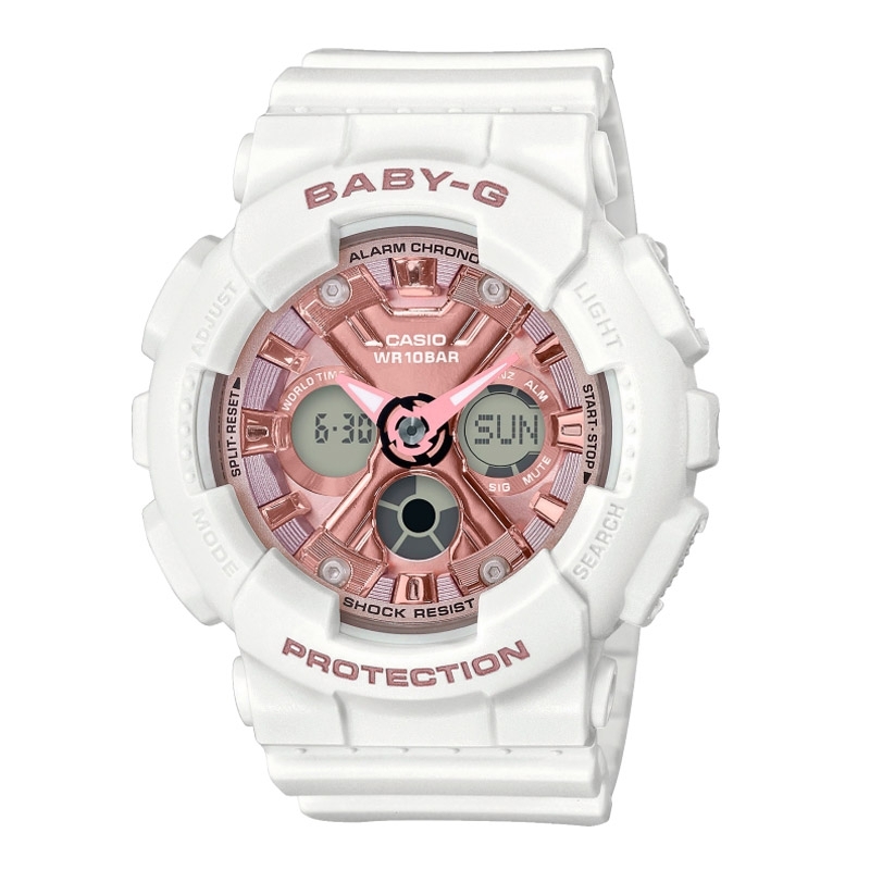 Reloj Casio Baby-G de mujer en resina blanca y esfera dorada rosé, BA-130-7A1ER.