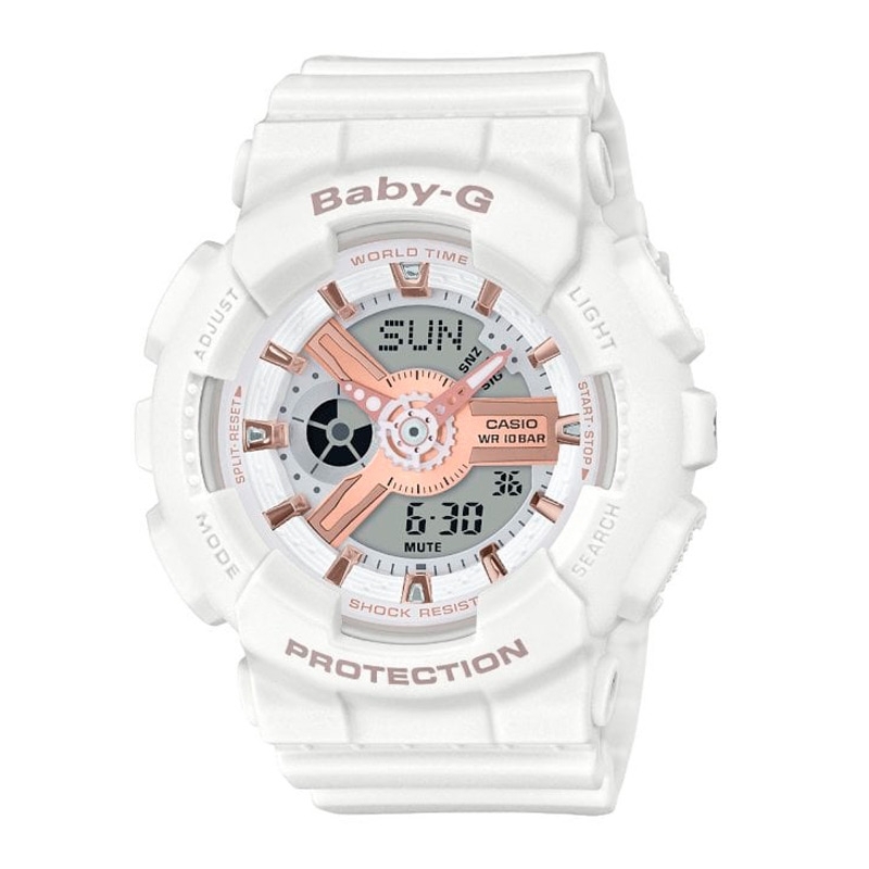 Reloj Casio Baby-G de mujer en resina blanca y detalles rosé, BA-110RG-7AER.