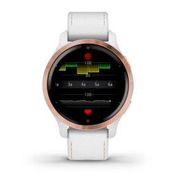 Reloj inteligente Garmin Venu® 2S de mujer con detalles rosados y correa de cuero blanca, 010-02429-23.