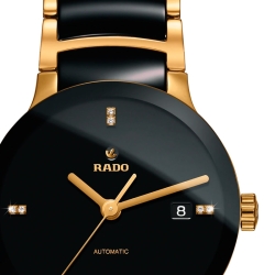Reloj Rado Centrix automático con diamantes en esfera, cerámica negra y dorado, R30035712.