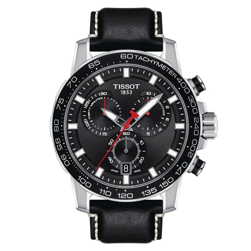 Reloj Tissot SuperSport Chronograph con esfera y correa piel negras, T1256171605100.