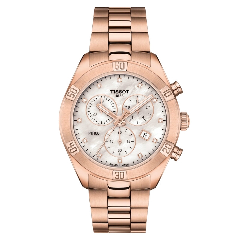Reloj Tissot PR 100 Sport Chic Chronograph rosé con esfera nácar y diamantes, T1019173311600