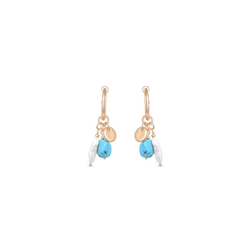 Pendientes dorados con turquesa y perlas, Haizu de Luxenter, SGEW46194.