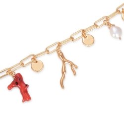 Pulsera dorada de eslabones y colgantes con coral y perlas, Haizu de Luxenter, SGBW04895.