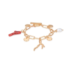 Pulsera dorada de eslabones y colgantes con coral y perlas, Haizu de Luxenter, SGBW04895.
