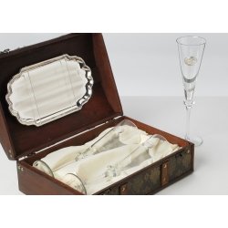 Juego de copas de cristal y plata para 25 aniversario con bandeja