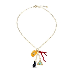 Collar dorado con amuletos de la suerte, coral y azabache, Harah de Luxenter, SGNX157.