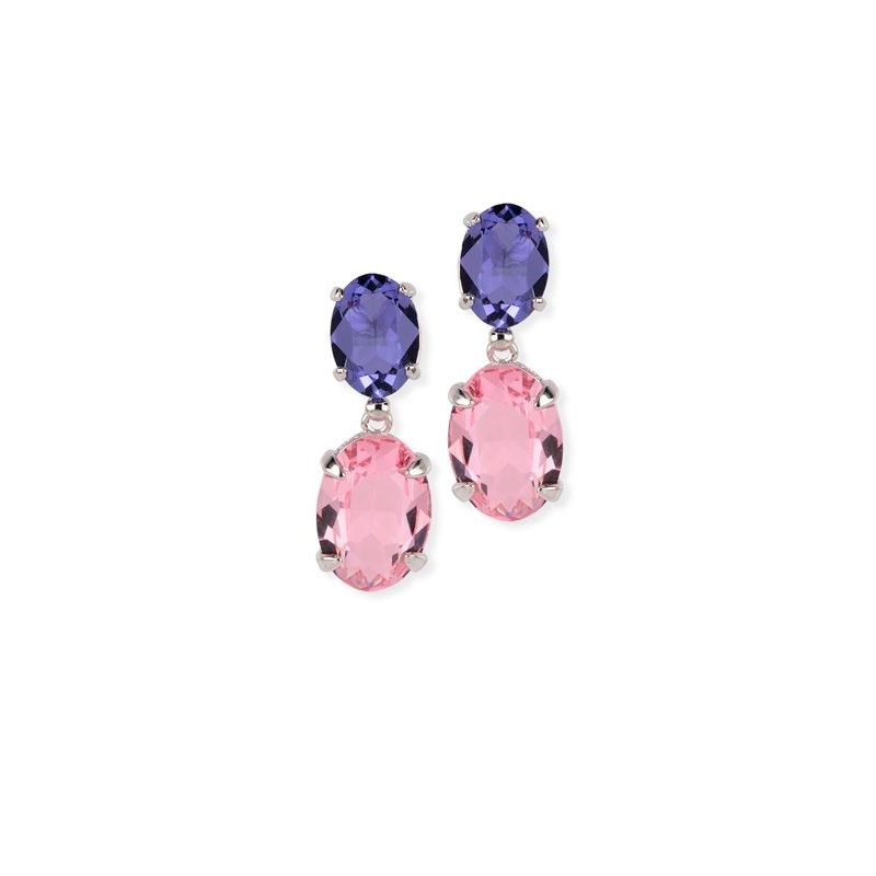 Pendientes largos de plata rodiada y piedras Swarovski® en rosa y morada, de Maximo Betro.