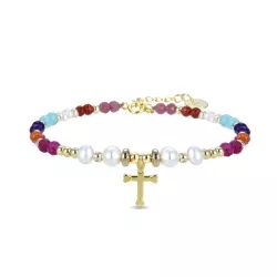 Pulsera Morad de Luxenter con perlas de colores y cruz en plata dorada, BXA167YC20.