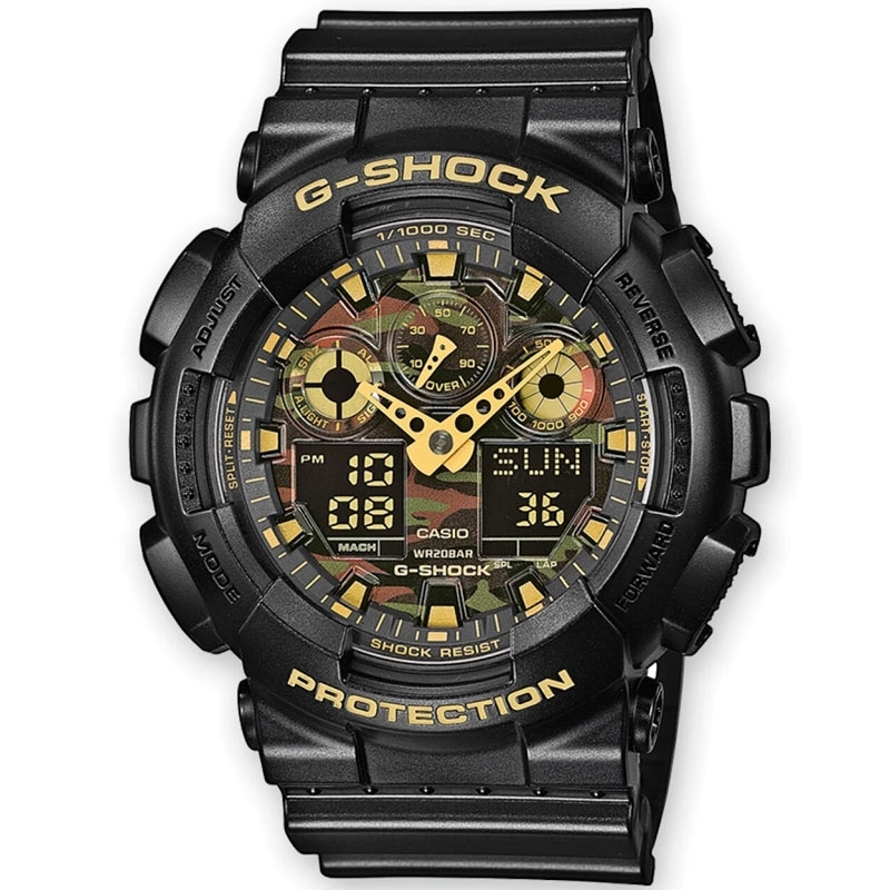 ✌️Reloj Casio G-Shock negro, esfera militar y dorado, GA-100CF-1A9ER.