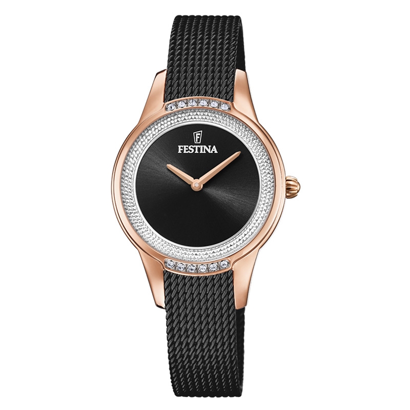 Reloj Festina Mujer acero negro, caja rose, bisel con cirfconitas  F20496/2.