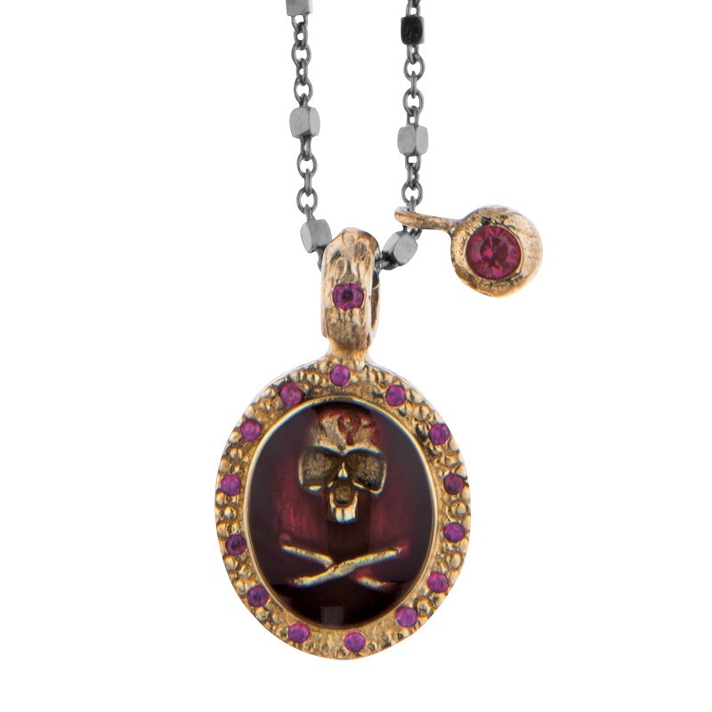 Cadena en plata de ley envejecida de Platadepalo con medalla ovalada en bronce, esmalte rojo, circonitas rojas y calavera.