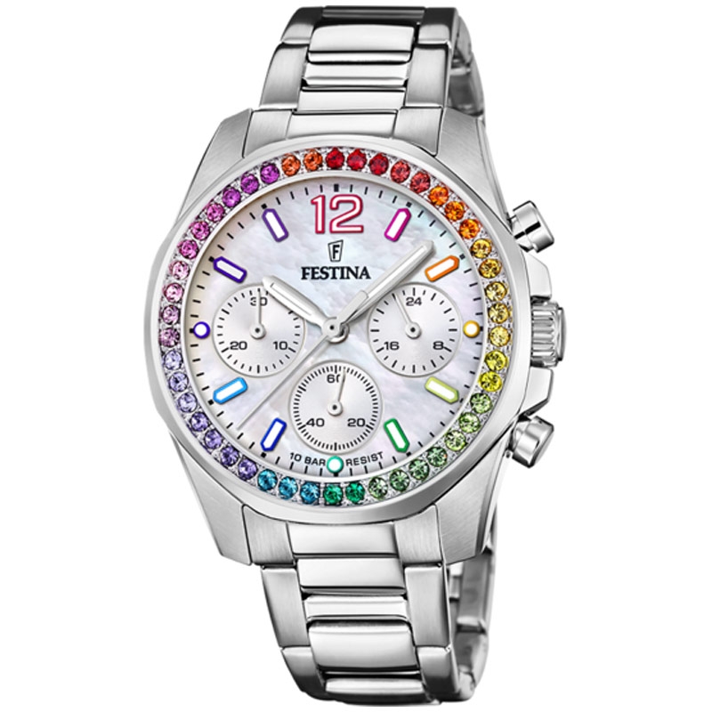 Festina® de mujer multifunción en acero "nacar" y un bisel de circonitas, F20606/2.