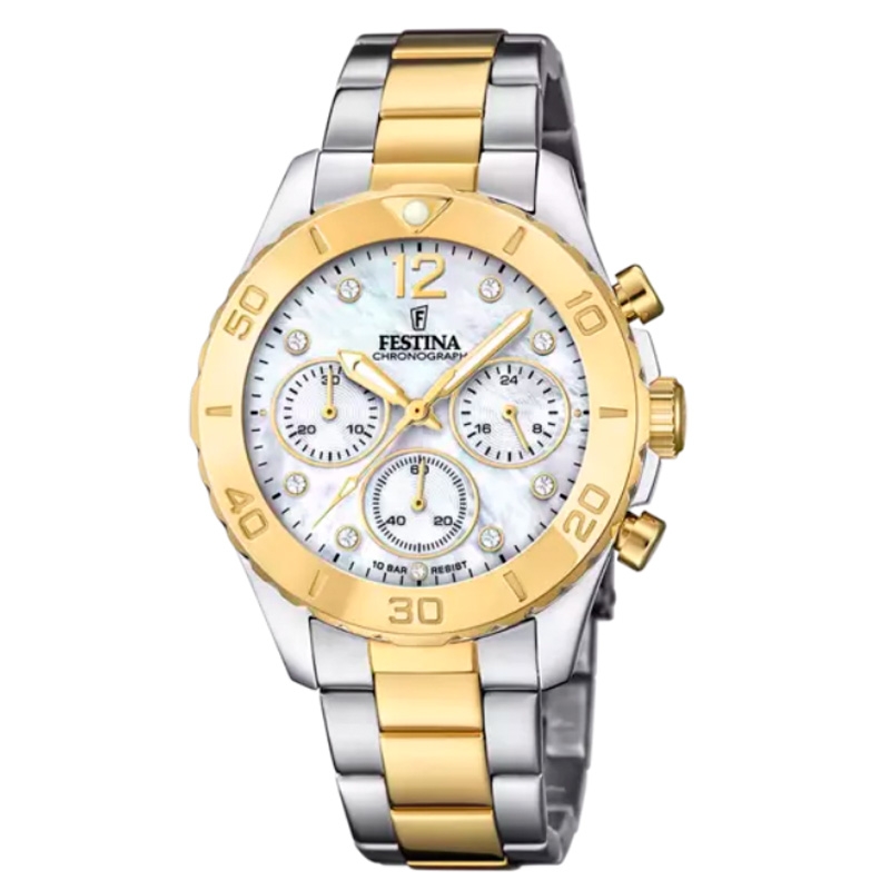 Reloj Festina Boyfriend mujer chrono, acero y dorado con circonitas, F20604/1.