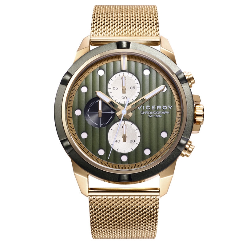 Reloj Viceroy Switch de hombre, chrono en acero dorado, esfera verde y correa milanesa, 471329-67.