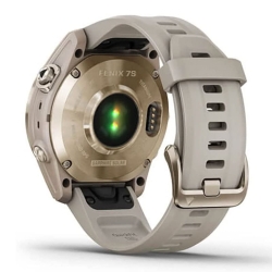 Parte trasera del smartwatch Garmin fēnix 7S Zafiro Solar bisel titanio dorado 010-02539-21.