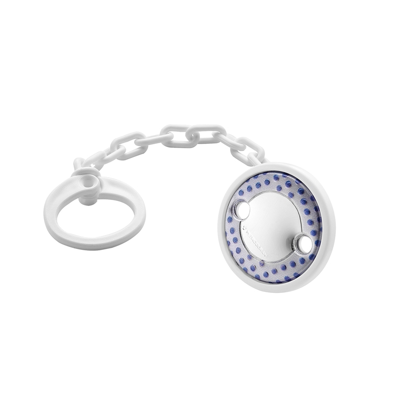 Pinza para chupetes en blanco con plata y lunares azules, 07500520.