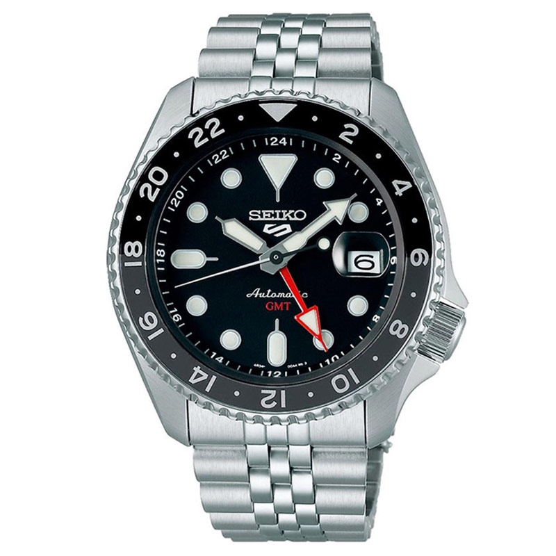 Reloj Seiko 5 Sports GMT automático en acero con esfera negra, SSK001K1.