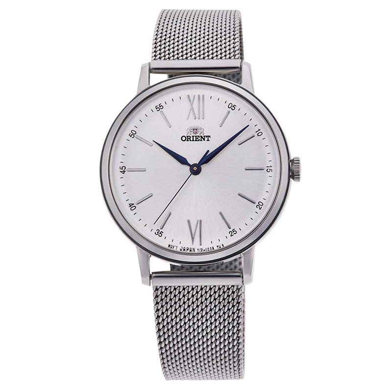 Reloj Orient de mujer en acero con correa milanesa, esfera blanca y detalles azules, RA-QC1702S10B.