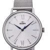 Reloj Orient de mujer en acero con correa milanesa, esfera blanca y detalles azules, RA-QC1702S10B.