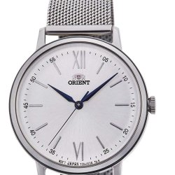Reloj Orient de mujer en acero con correa milanesa, esfera blanca y detalles azules, RA-QC1702S10B.