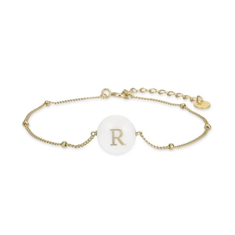 Pulsera de plata dorada con letra R y nácar Alphabet de Luxenter, BX206Y115R.