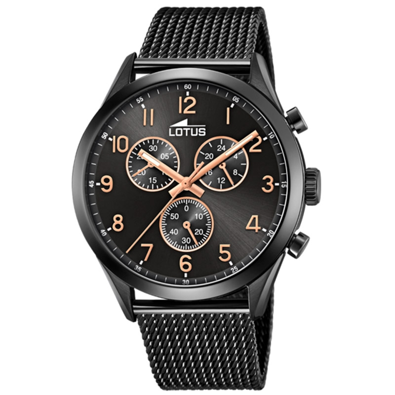 Reloj Lotus Minimalist de hombre negro, cronógrafo y detalle rosados, 18639/1