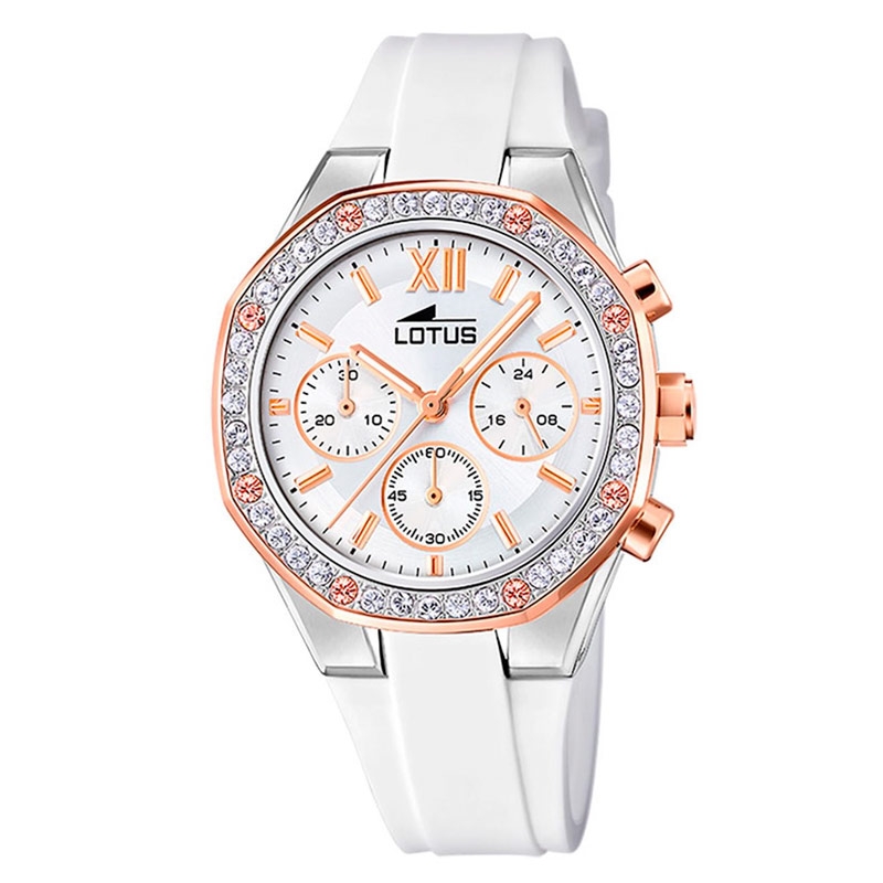 ❤️ Reloj Lotus Excellent cronógrafo con detalles rosados y correa silicona  blanca,