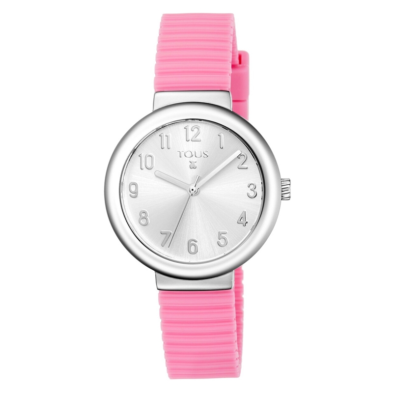 Reloj Tous Rainbow de niñas con correa rosa y esfera plateada, 800350600.