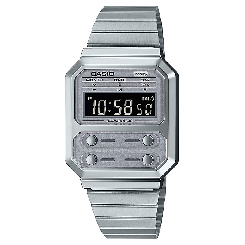 Reloj Casio Vintage en plateado con 4 botones frontales, A100WE-7BEF.
