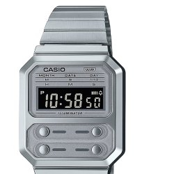 Reloj Casio Vintage en plateado con 4 botones frontales, A100WE-7BEF.