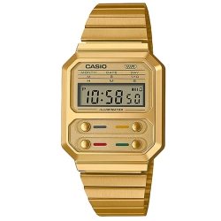 Reloj digital Casio en dorado con 4 botones frontales, A100WEG-9AEF.