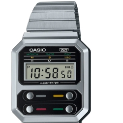 Reloj Casio en plateado con 4 botones frontales y esfera negra, A100WE-1AEF.