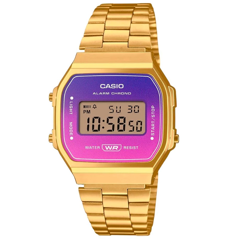Reloj Casio Vintage, digital en dorado y dial en gradiente morado, A168WERG-2AEF.