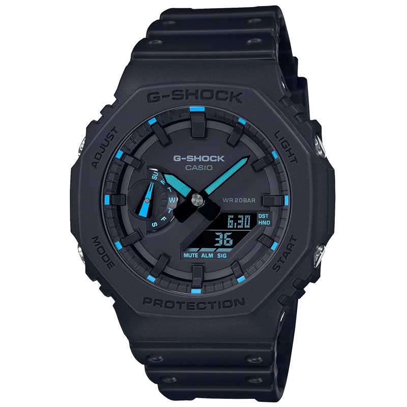 Reloj G-Shock de hombre multifunción negro con detalles azules, GA-2100-1A2ER.